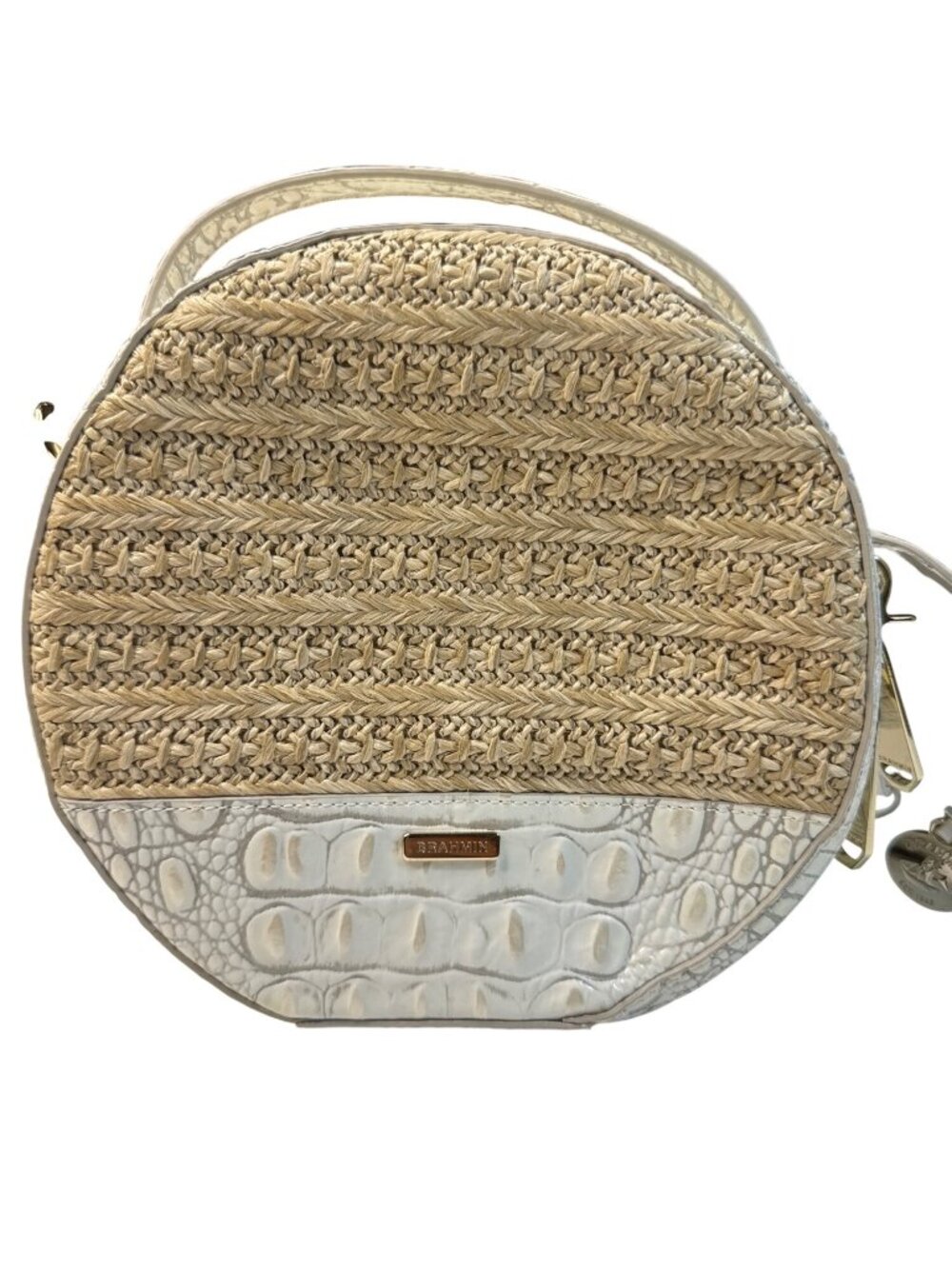 Brahmin Straw & Croc-Embossed Leather Round Crossbody Bag With Adjustable Strap - Picture 3 of 13